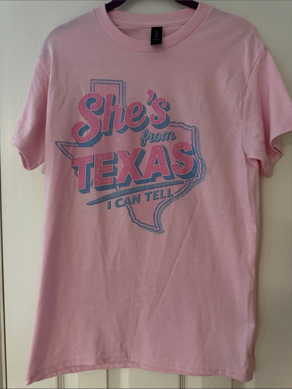 Gildan Pink Short Sleeve Tee with Blue and Dark Pink Texas Graphic